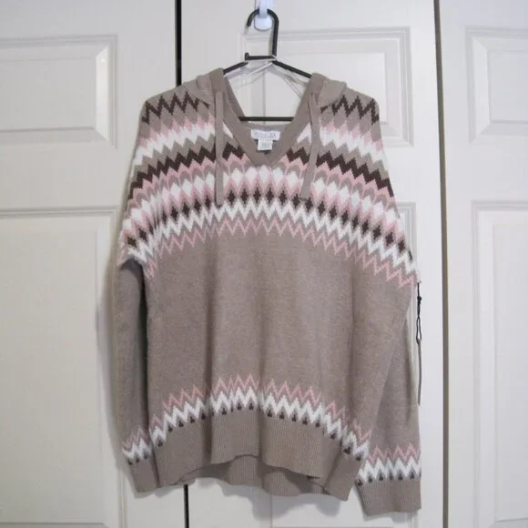 NWT Rachel Zoe Tan and Pink V-Neck hooded Sweater sz XL - Picture 2 of 6